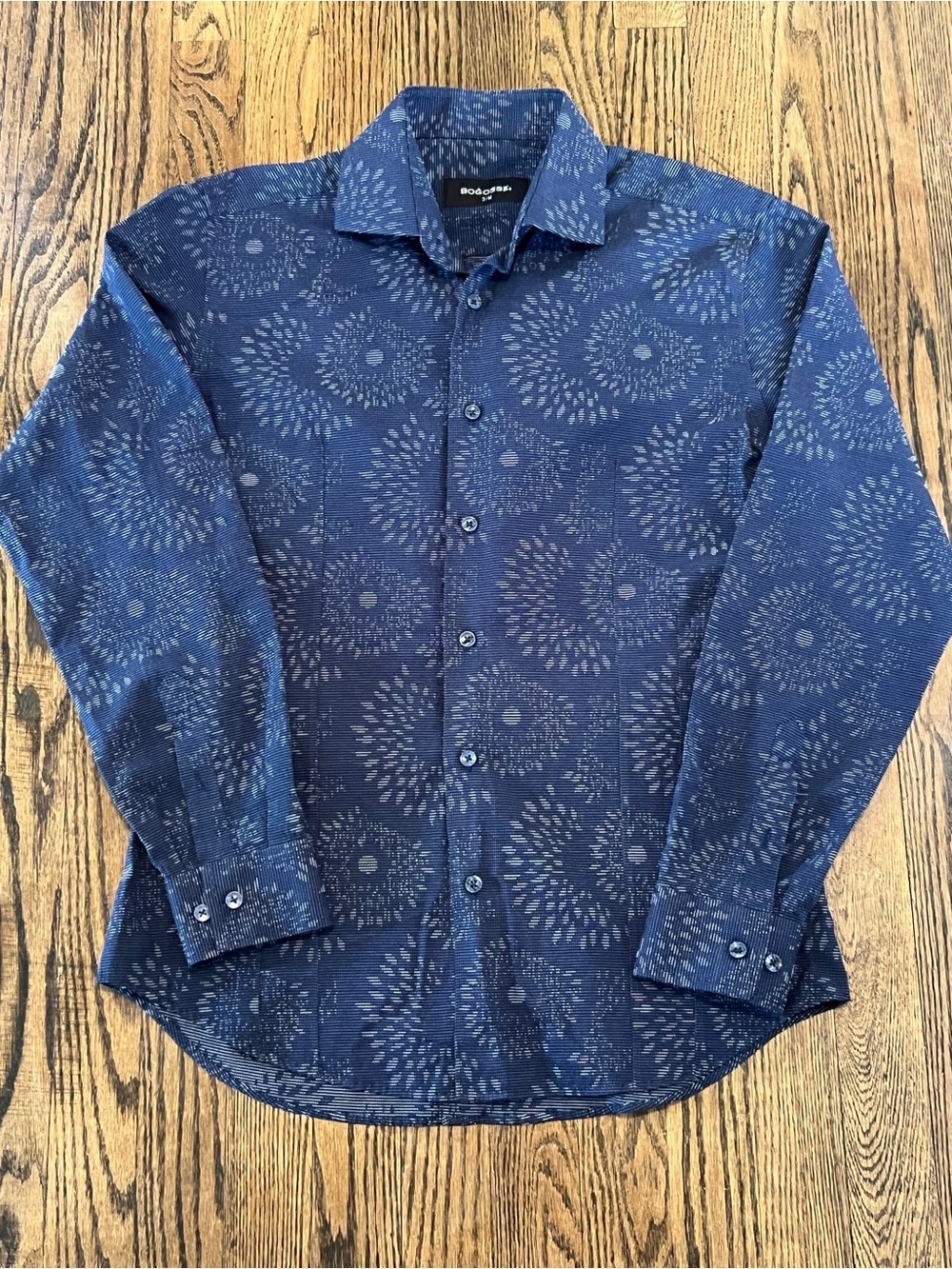 Bogosse Men's Navy Patterned Long-Sleeve Button-Down Shirt